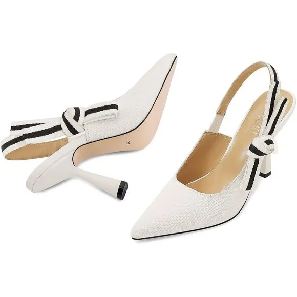 🆕Women White Heels Pointed Toe High Heels Bowknot Knitted Dress Pumps Shoes