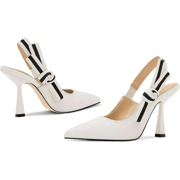 🆕Women White Heels Pointed Toe High Heels Bowknot Knitted Dress Pumps Shoes