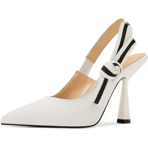 🆕Women White Heels Pointed Toe High Heels Bowknot Knitted Dress Pumps Shoes