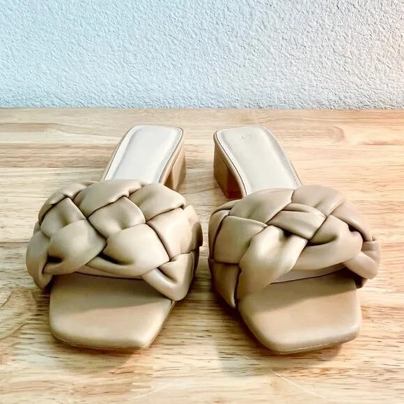 Women's 8US Nude Beige Braided Vegan Leather Open Square Toe Slide Sandals