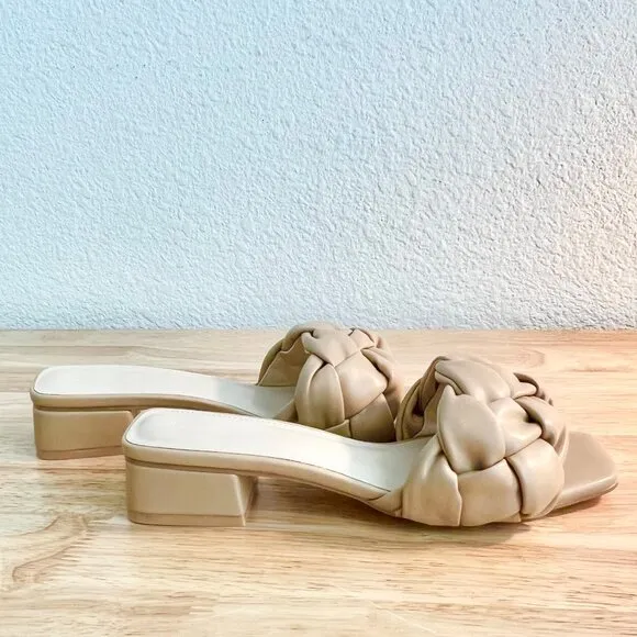 Women's 8US Nude Beige Braided Vegan Leather Open Square Toe Slide Sandals