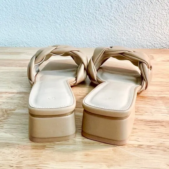 Women's 8US Nude Beige Braided Vegan Leather Open Square Toe Slide Sandals