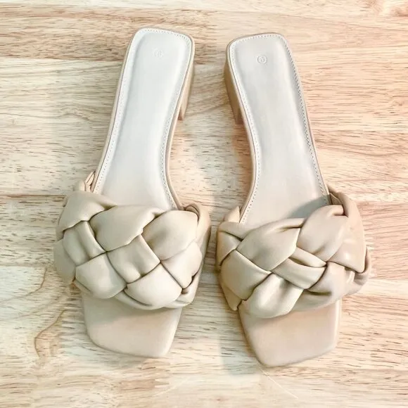 Women's 8US Nude Beige Braided Vegan Leather Open Square Toe Slide Sandals