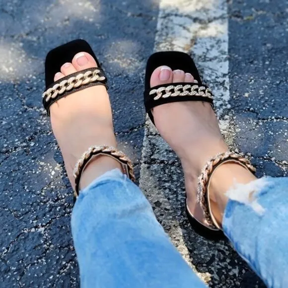 Womens Black Ankle Strap Heels Chains Stiletto Sandals