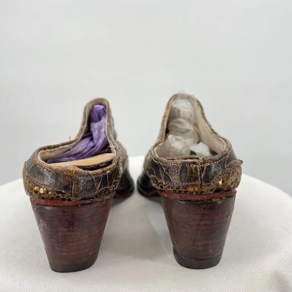 Women's Handmade Tooled Leather Snakeskin Western Mules Brown Shoes 37.5/7
