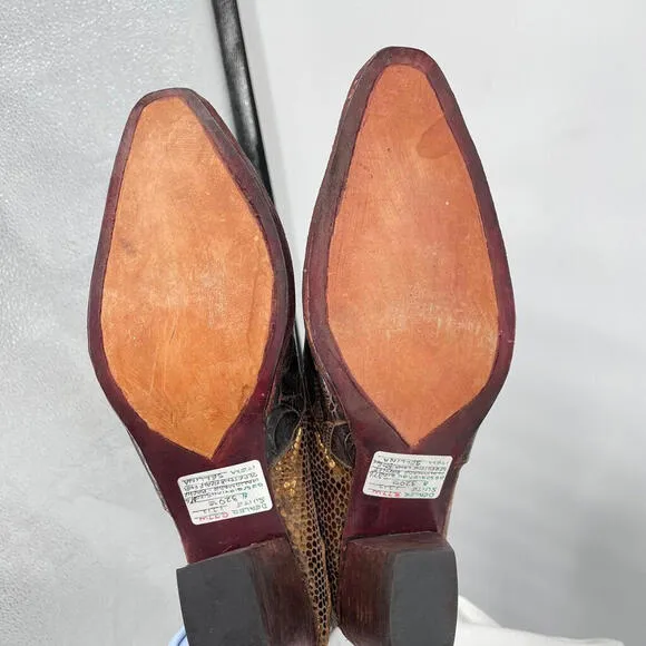 Women's Handmade Tooled Leather Snakeskin Western Mules Brown Shoes 37.5/7