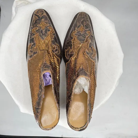 Women's Handmade Tooled Leather Snakeskin Western Mules Brown Shoes 37.5/7