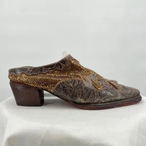 Women's Handmade Tooled Leather Snakeskin Western Mules Brown Shoes 37.5/7