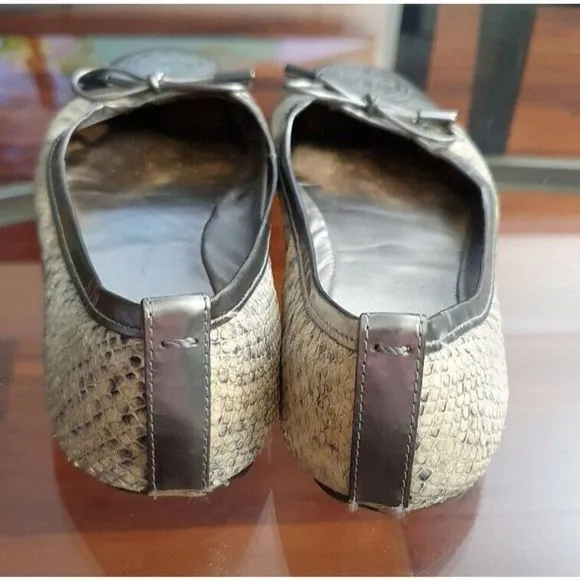 Women’s Shoes Tory Burch Verbena Patent Toe Silver Snake Skin Bow Flats Ballets