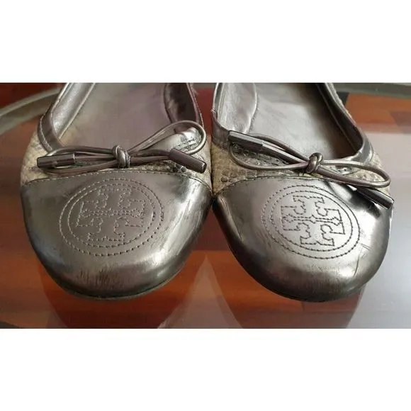 Women’s Shoes Tory Burch Verbena Patent Toe Silver Snake Skin Bow Flats Ballets