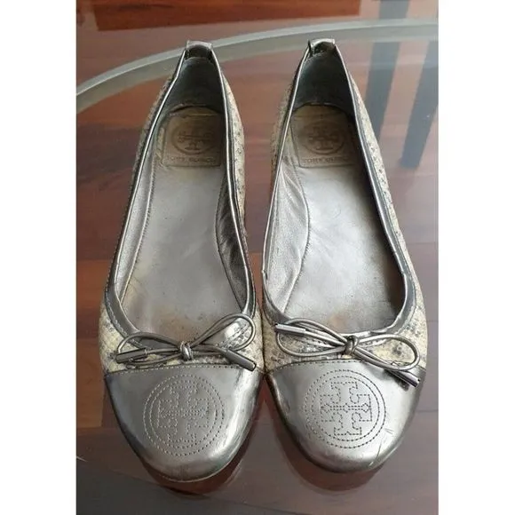 Women’s Shoes Tory Burch Verbena Patent Toe Silver Snake Skin Bow Flats Ballets