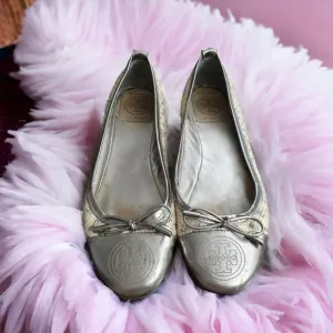 Women’s Shoes Tory Burch Verbena Patent Toe Silver Snake Skin Bow Flats Ballets
