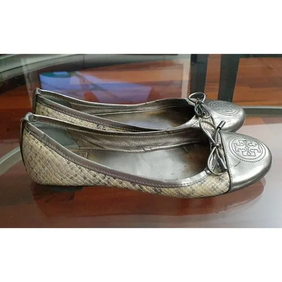 Women’s Shoes Tory Burch Verbena Patent Toe Silver Snake Skin Bow Flats Ballets