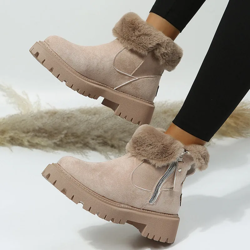 Women's Snow Boots, Winter Warm Foldable Plush Tube Short, Solid Color Round-toe Platform Shoes