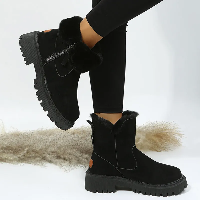 Women's Snow Boots, Winter Warm Foldable Plush Tube Short, Solid Color Round-toe Platform Shoes