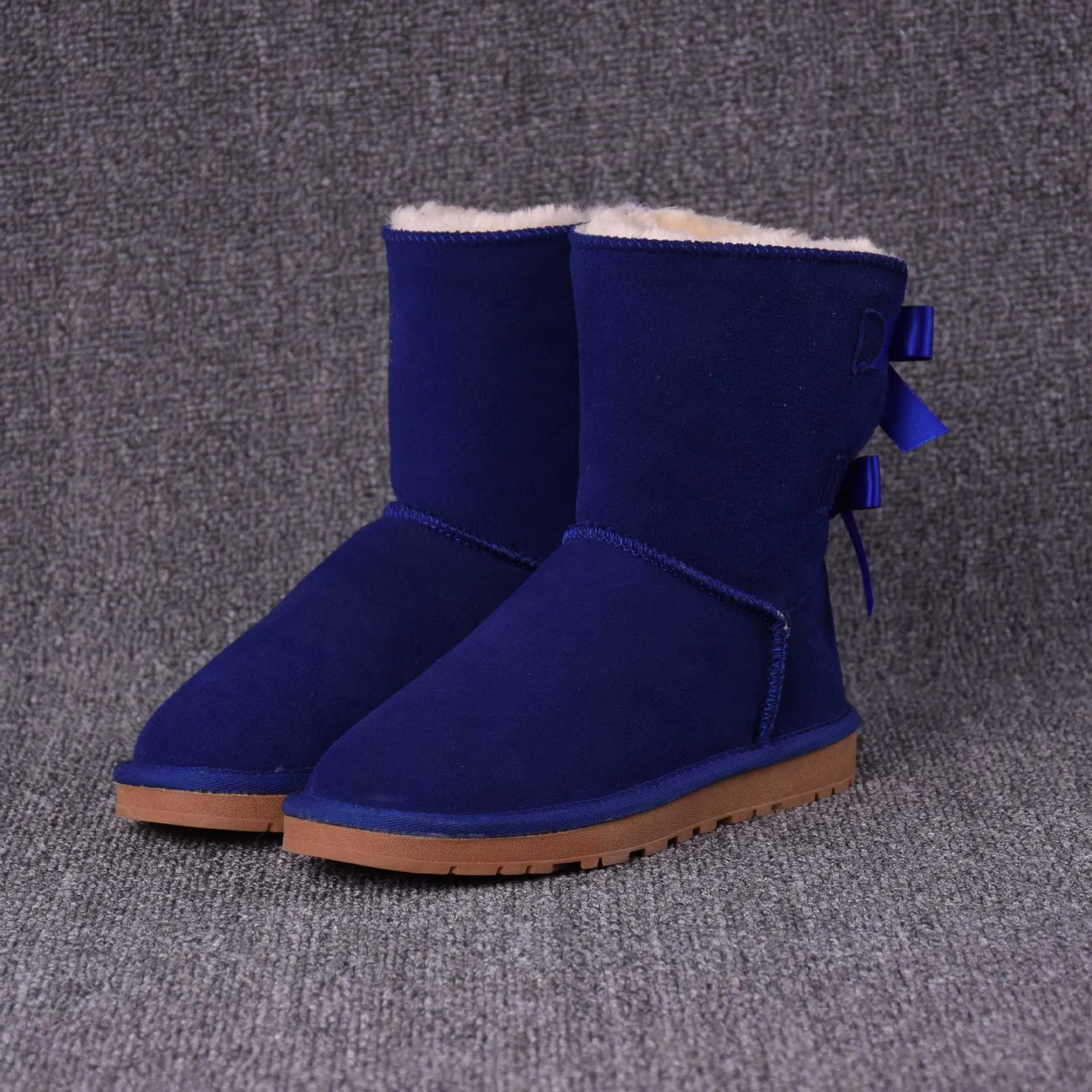 Women's Solid Color Bow Mid-tube Snow Boots