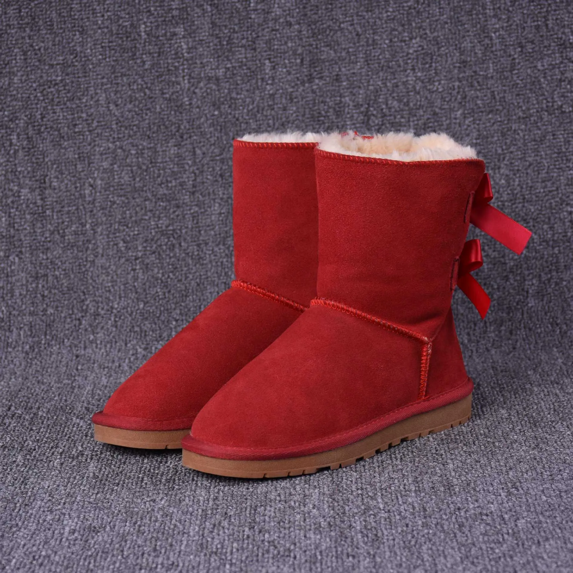 Women's Solid Color Bow Mid-tube Snow Boots