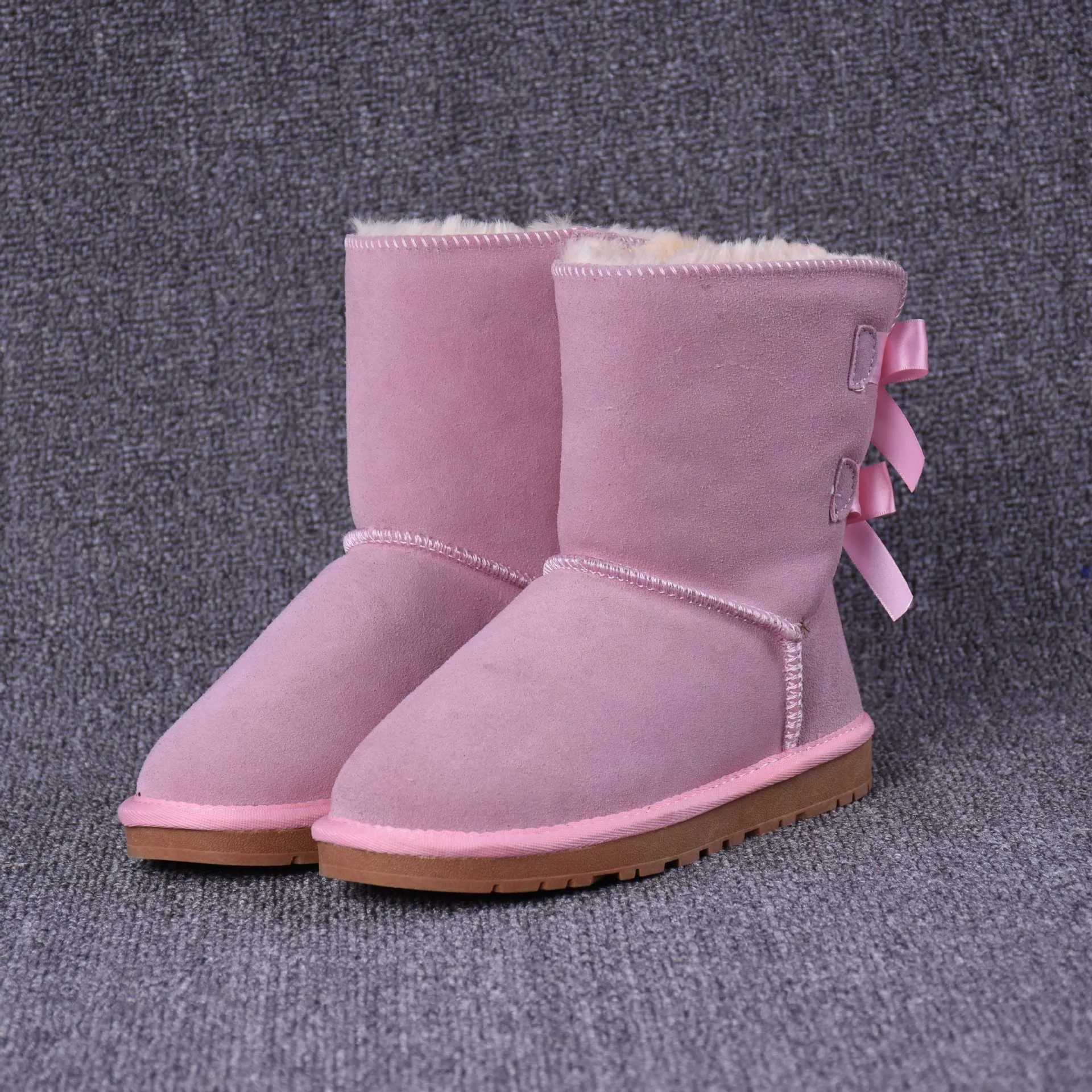 Women's Solid Color Bow Mid-tube Snow Boots