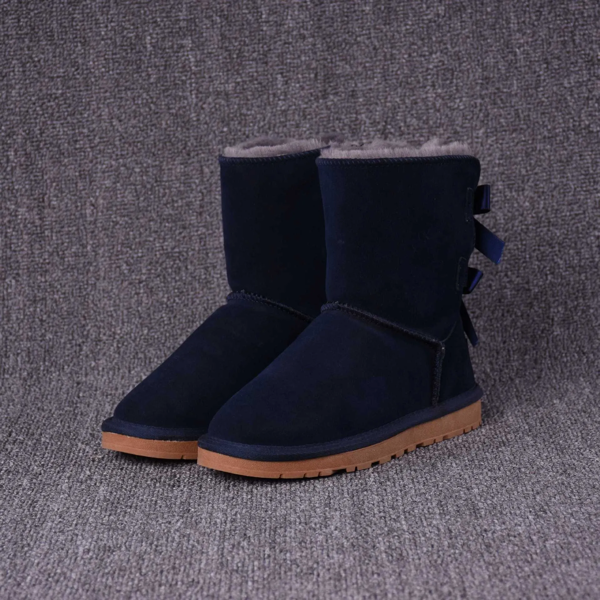 Women's Solid Color Bow Mid-tube Snow Boots