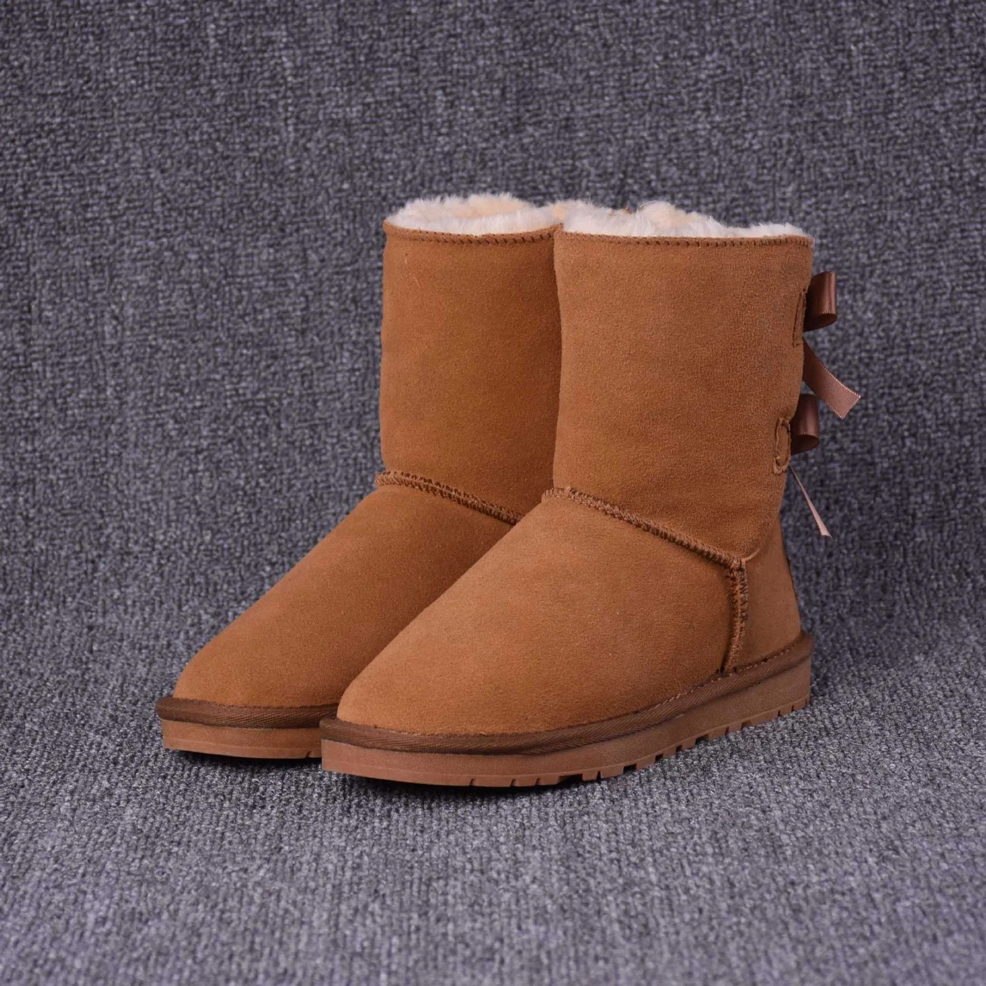 Women's Solid Color Bow Mid-tube Snow Boots