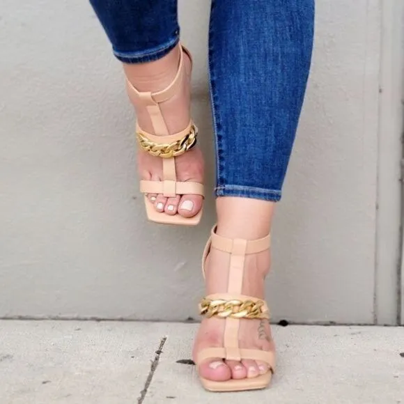 Women's Nude Gold Chain Chunky Heels