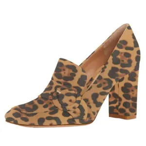 YDN Women Chunky High Heels Square Toe Loafer Shoes Slip On Suede Leopard Shoes