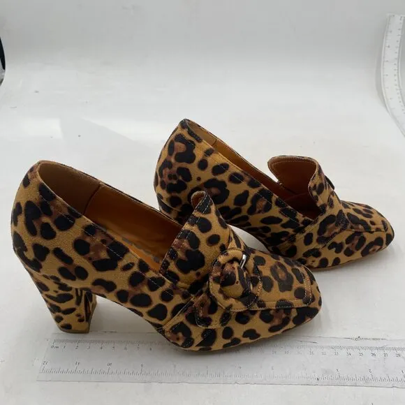 YDN Women Chunky High Heels Square Toe Loafer Shoes Slip On Suede Leopard Shoes