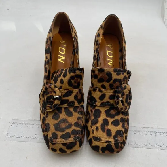 YDN Women Chunky High Heels Square Toe Loafer Shoes Slip On Suede Leopard Shoes