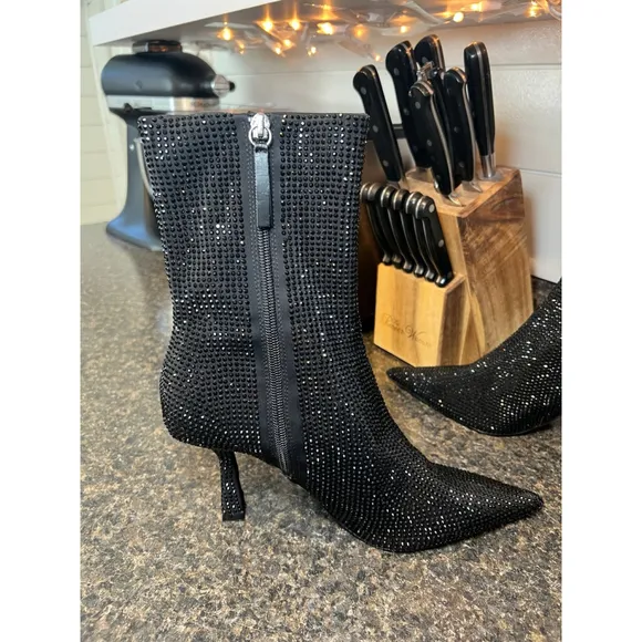 ZARA Black Rhinestone Kitten Heeled Boots