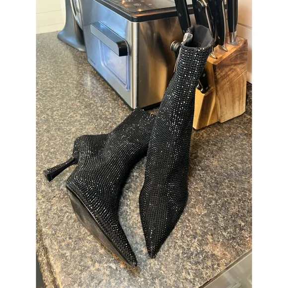 ZARA Black Rhinestone Kitten Heeled Boots