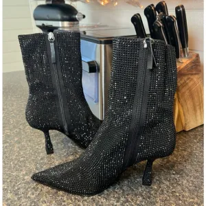 ZARA Black Rhinestone Kitten Heeled Boots