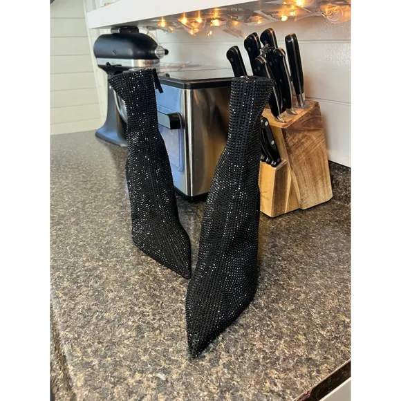 ZARA Black Rhinestone Kitten Heeled Boots