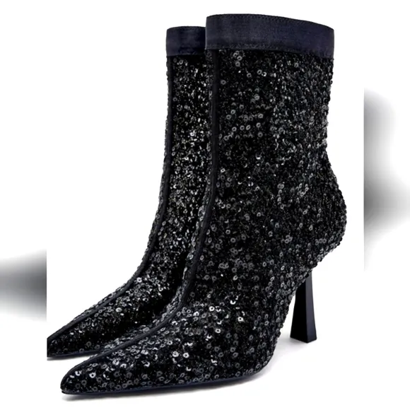 ZARA BLACK SEQUIN FABRIC ANKLE BOOTS  bloggers favorite
