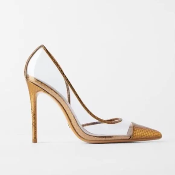 ZARA BRONZE METALLIC VINYL HEELS PUMPS