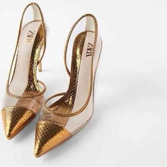 ZARA BRONZE METALLIC VINYL HEELS PUMPS