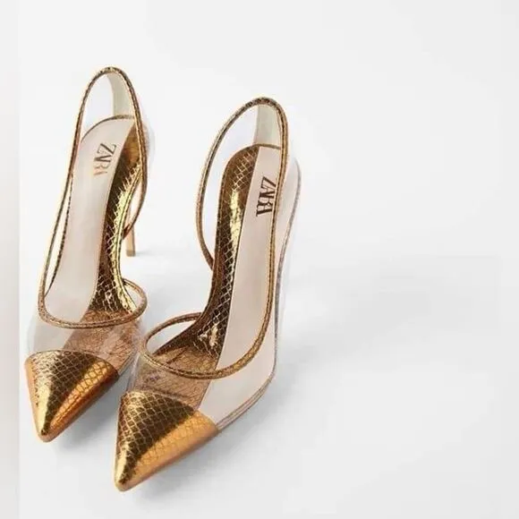ZARA BRONZE METALLIC VINYL HEELS PUMPS