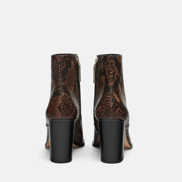 Zara Brown Snake Heeled Animal Print Ankle Boots