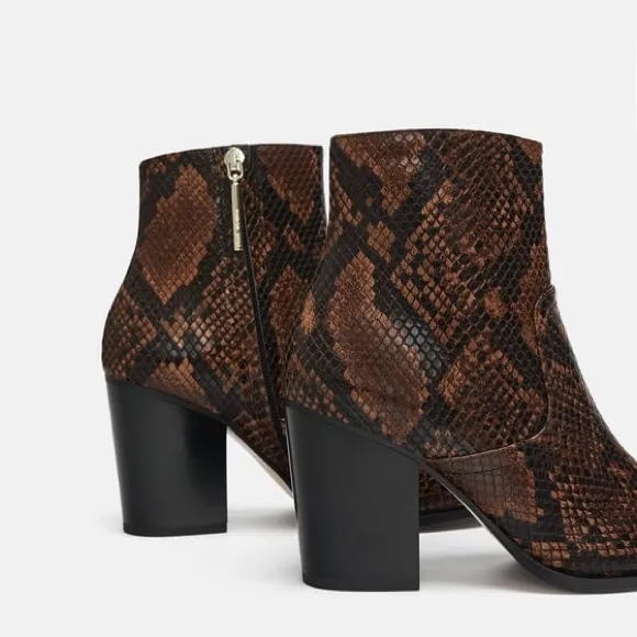 Zara Brown Snake Heeled Animal Print Ankle Boots