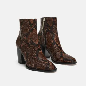Zara Brown Snake Heeled Animal Print Ankle Boots