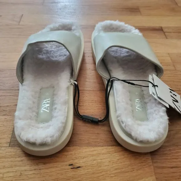 Zara Genuine Leather Slide On Sandals Beige Open Toe Faux Fur Lining NEW Casual