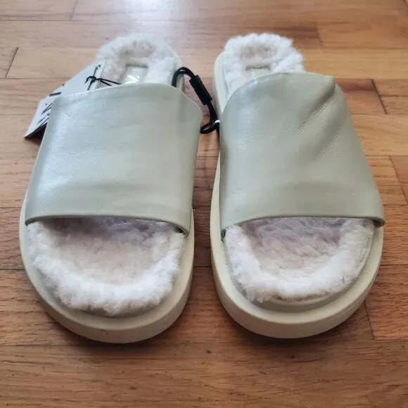Zara Genuine Leather Slide On Sandals Beige Open Toe Faux Fur Lining NEW Casual