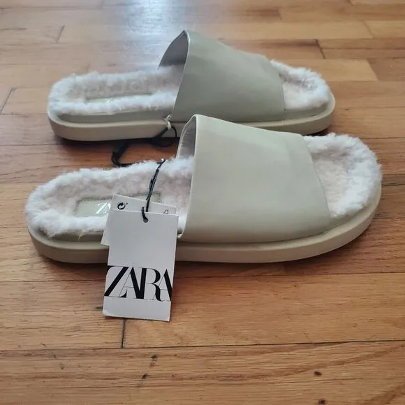 Zara Genuine Leather Slide On Sandals Beige Open Toe Faux Fur Lining NEW Casual