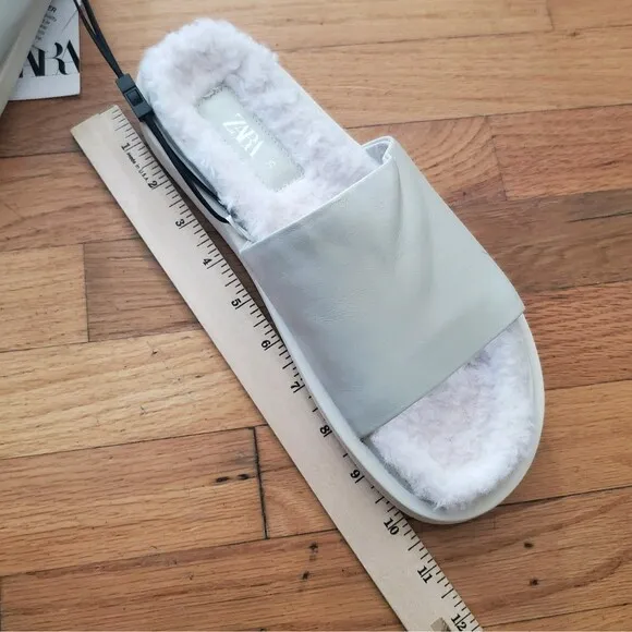 Zara Genuine Leather Slide On Sandals Beige Open Toe Faux Fur Lining NEW Casual
