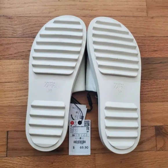 Zara Genuine Leather Slide On Sandals Beige Open Toe Faux Fur Lining NEW Casual