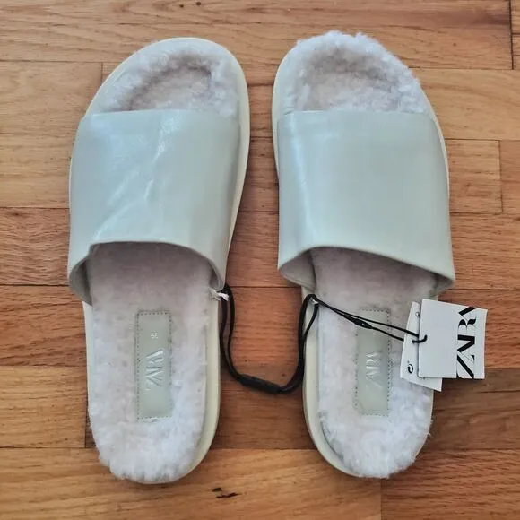 Zara Genuine Leather Slide On Sandals Beige Open Toe Faux Fur Lining NEW Casual
