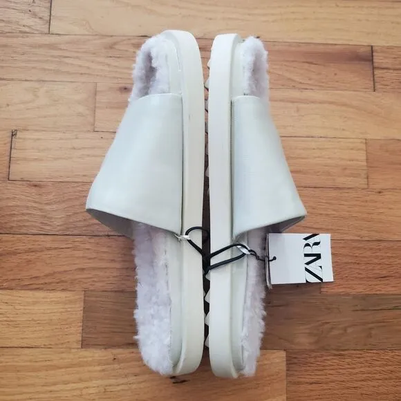 Zara Genuine Leather Slide On Sandals Beige Open Toe Faux Fur Lining NEW Casual
