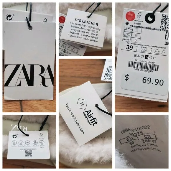 Zara Genuine Leather Slide On Sandals Beige Open Toe Faux Fur Lining NEW Casual
