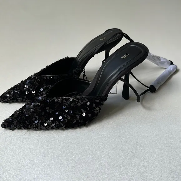 Zara Sequin Lace Up Heeled Shoes Size 9 US 40 EUR NWT