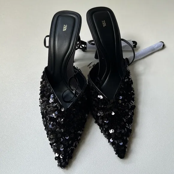 Zara Sequin Lace Up Heeled Shoes Size 9 US 40 EUR NWT