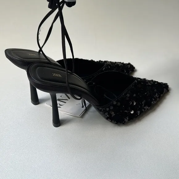 Zara Sequin Lace Up Heeled Shoes Size 9 US 40 EUR NWT